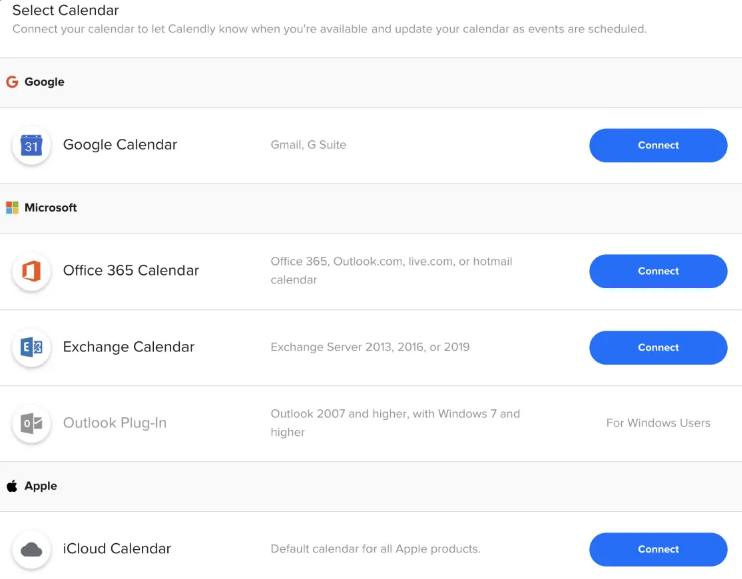 Calendly calendar connection options.