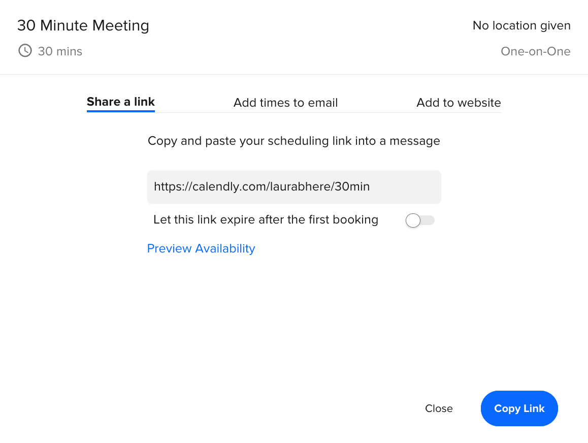 Calendly "Share a link" window.