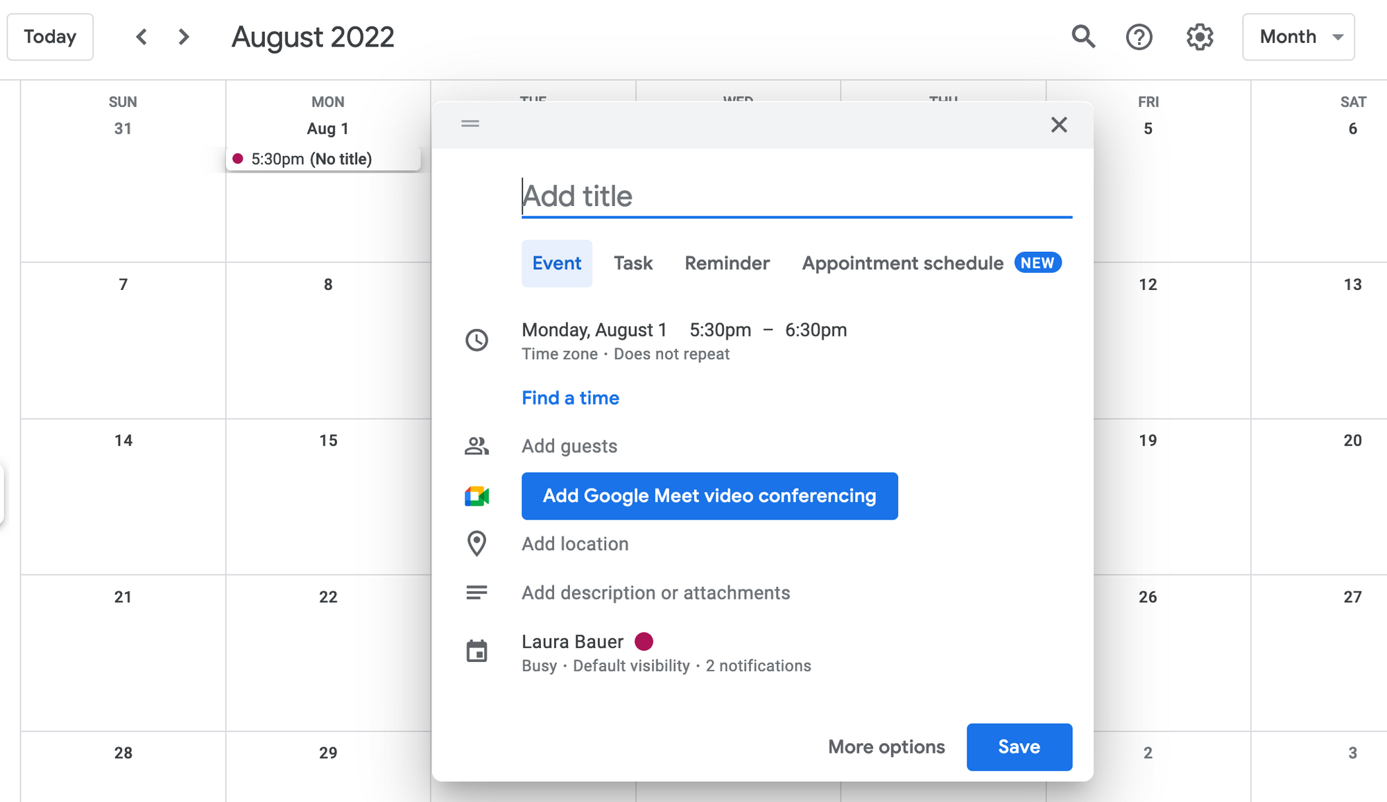Google Calendar view with event creation pop-up.