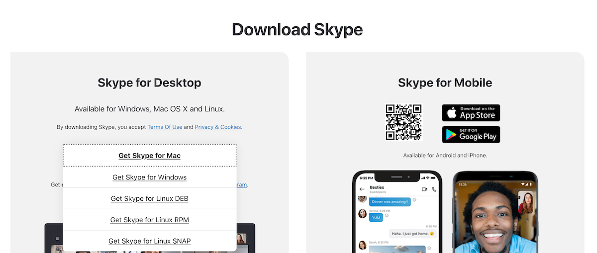 Skype's download options.