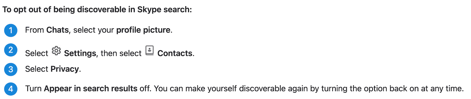 Steps to opt out of public search in Skype.