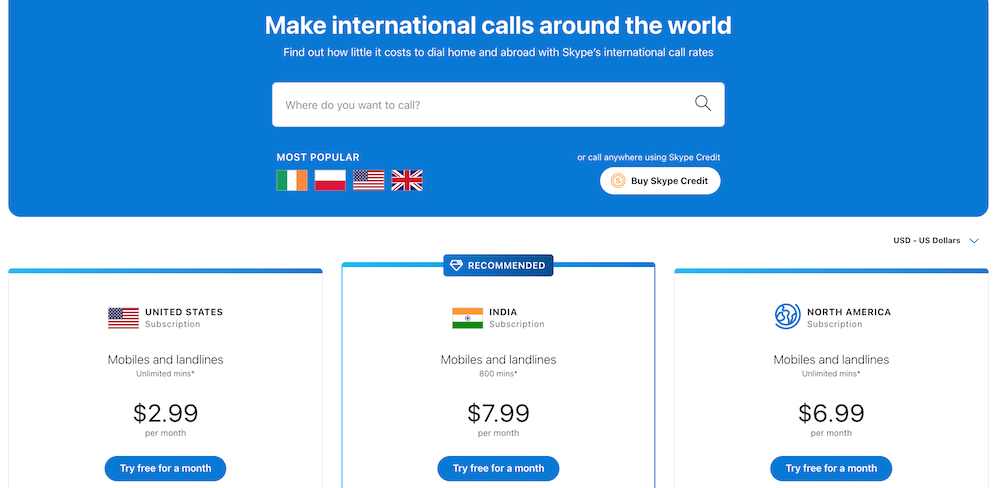 Skype's price tiers.